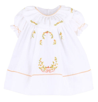 Sophie & Lucas Girls Pumpkin Embroidery Ruffle Dress - White with Orange
