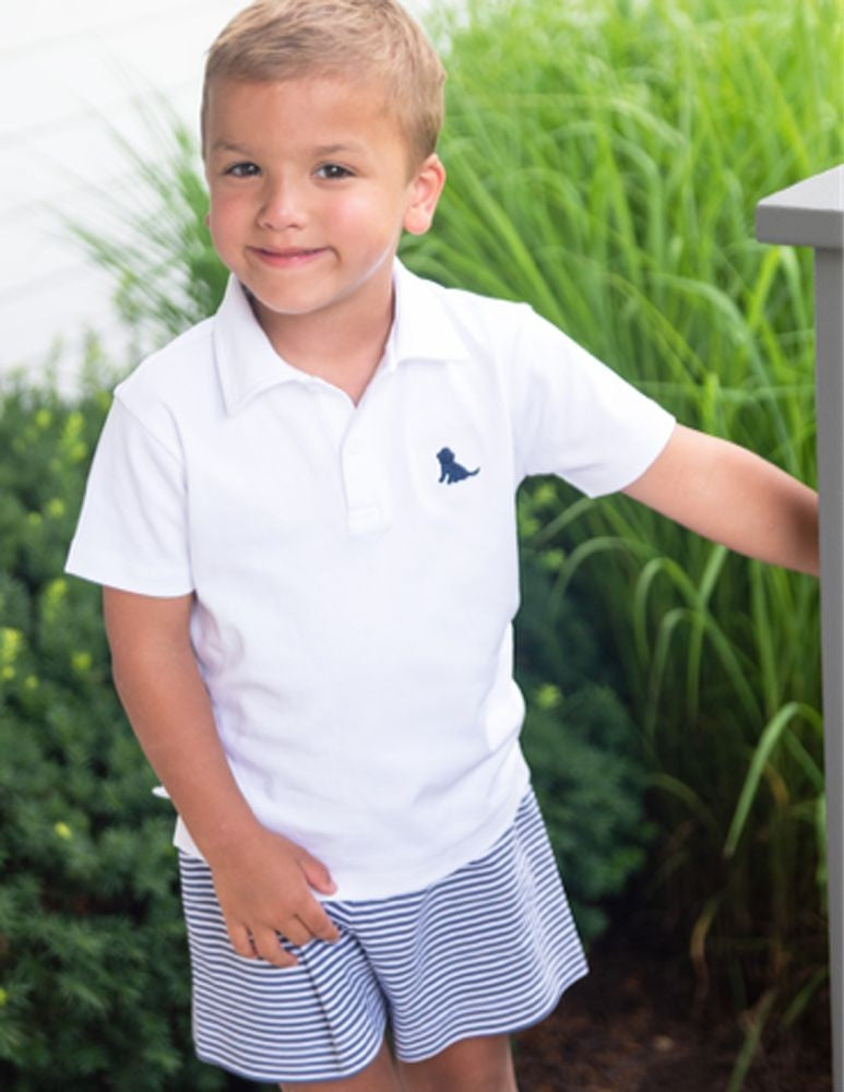 James & Lottie Boys White Polo Shirt - Navy Blue Puppy