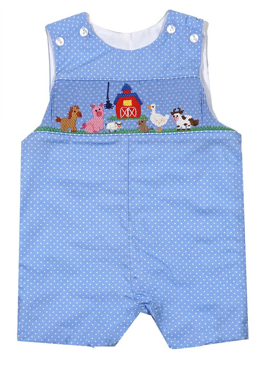 Anavini Baby Boys Blue / White Dots Smocked Farm Animals Jon Jon