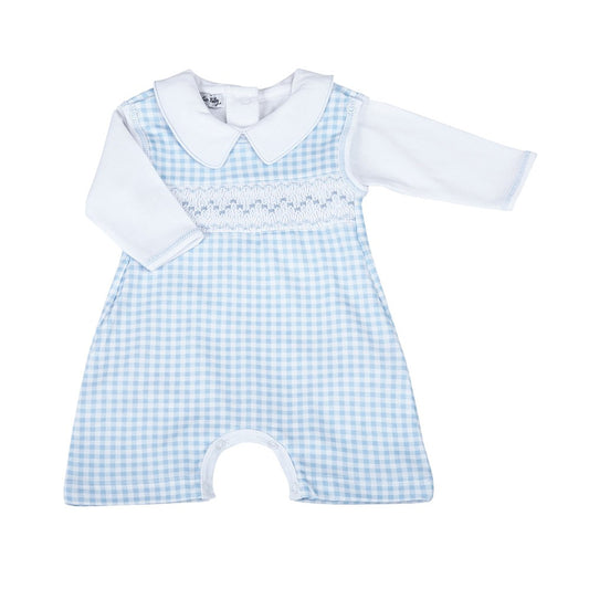 Magnolia Baby Boys Blue Mini Checks Smocked Playsuit with Collared Bodysuit