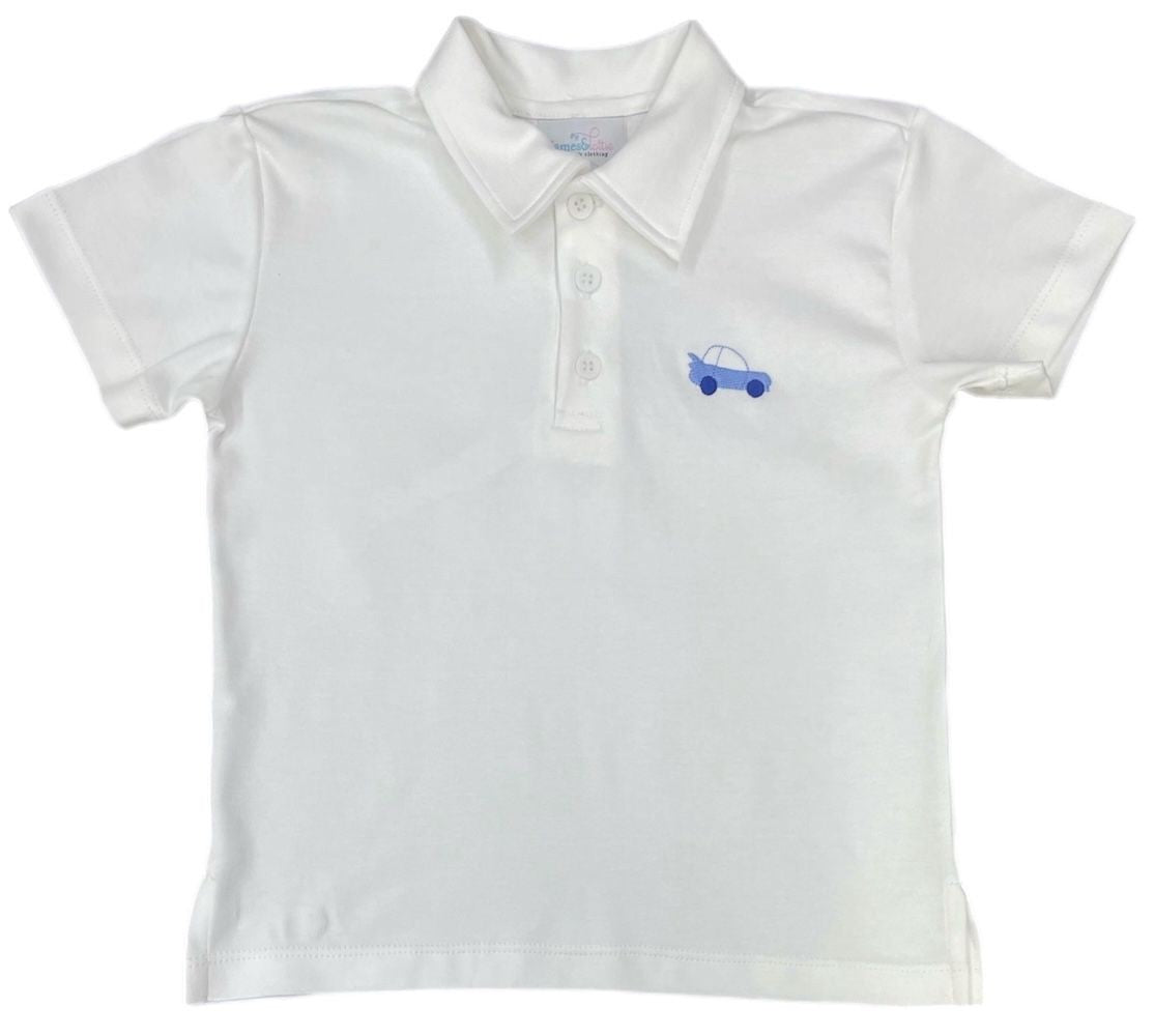 James & Lottie Boys White Polo Shirt - Embroidered Blue Car