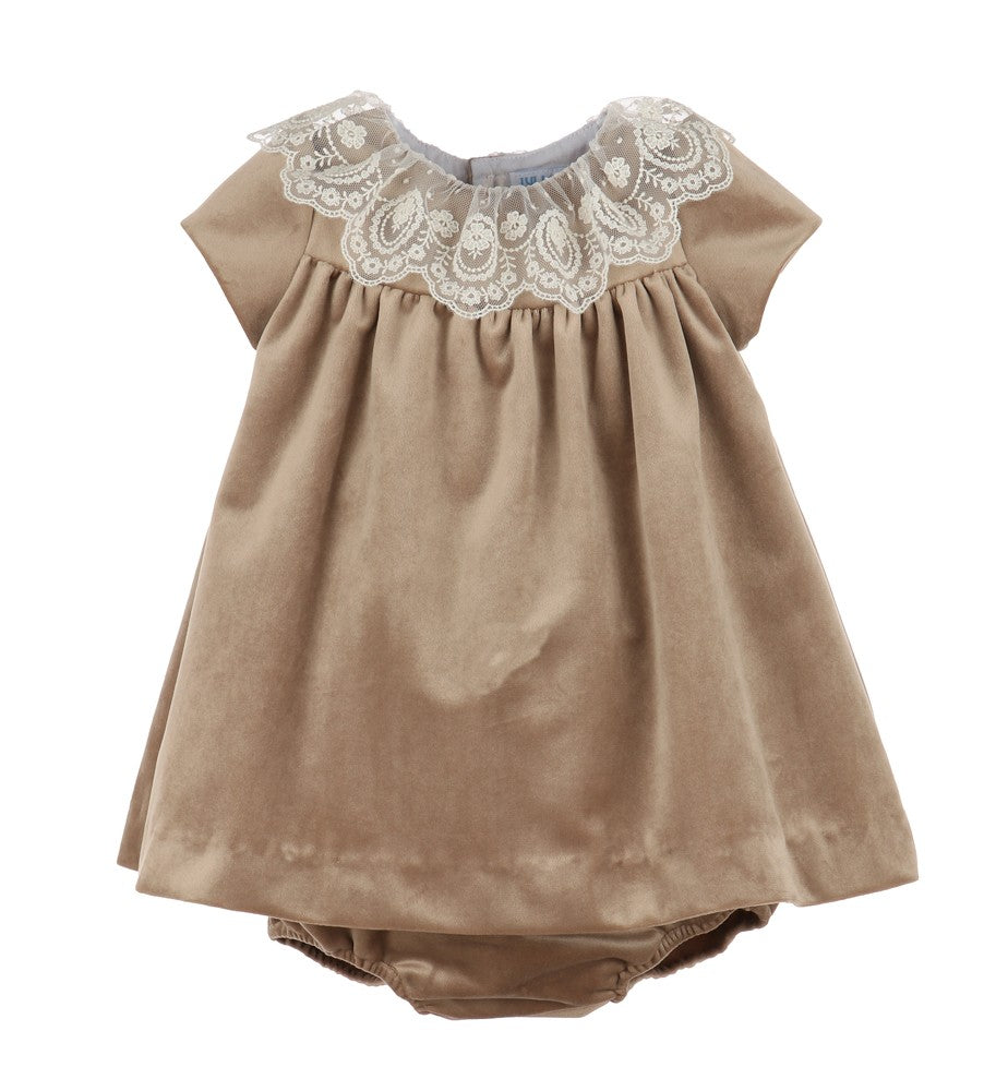 Luli & Me Girls Deluxe Velvet Float Dress - Lace Collar - Beige Champagne