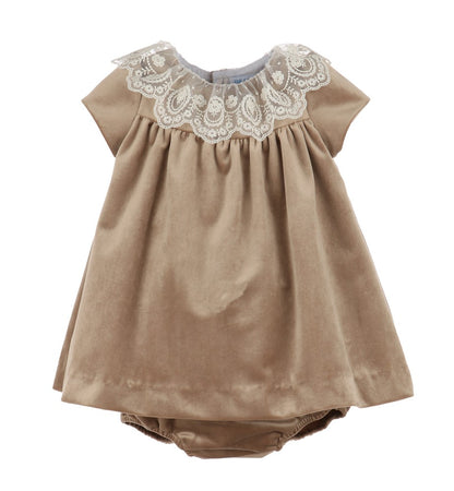 Luli & Me Girls Deluxe Velvet Float Dress - Lace Collar - Beige Champagne
