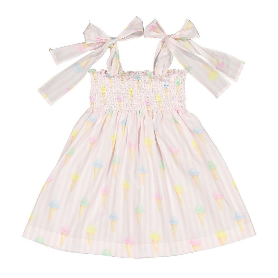 Sal & Pimenta Girls Pink Ice Creams Smocked Sun Dress - Ties at Shoulders