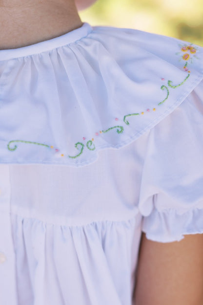 Proper Peony Girls Beatrice Bow Dress - White - Blue Bow Embroidery