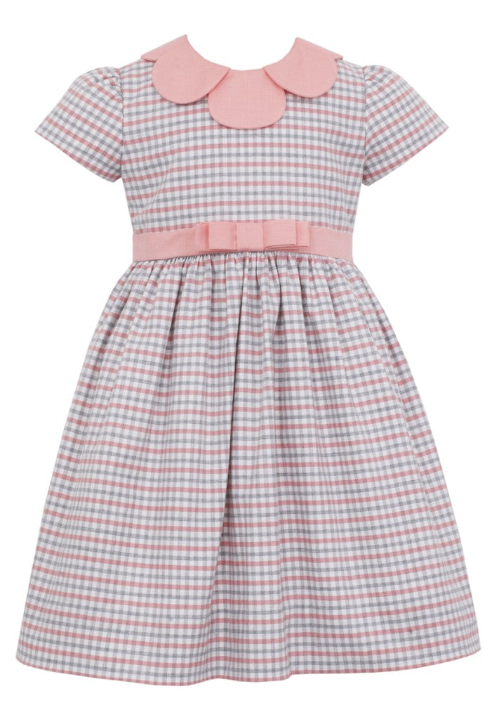 Anavini Couture Girls Pink / Gray Check Dress - Petal Collar & Bow Sash