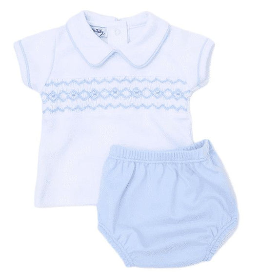 Magnolia Baby Boys Hazel and Hudson Smocked White & Blue Diaper Set