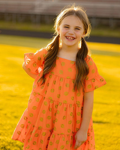 Yellow Lamb Girls Game Day Tiered Dress - Gold Footballs - Orange