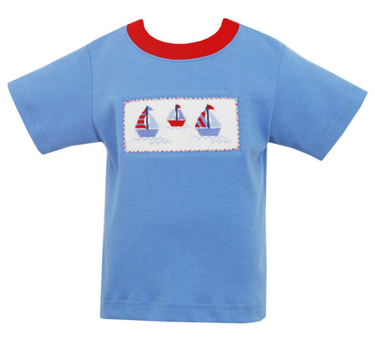 Anavini Boys Periwinkle Blue Shirt - Smocked Sailboats