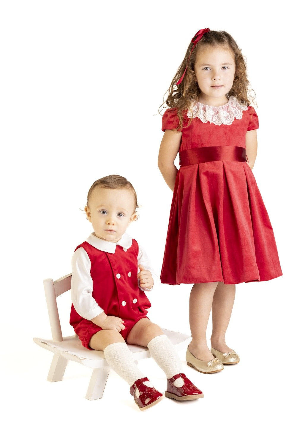 Luli & Me Girls Luxe Velvet Christmas Dress - Lace Collar - Ribbon Sash - Red