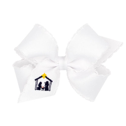Wee Ones Girls White Moonstitch Hair Bow - Embroidered Nativity - Dark Blue