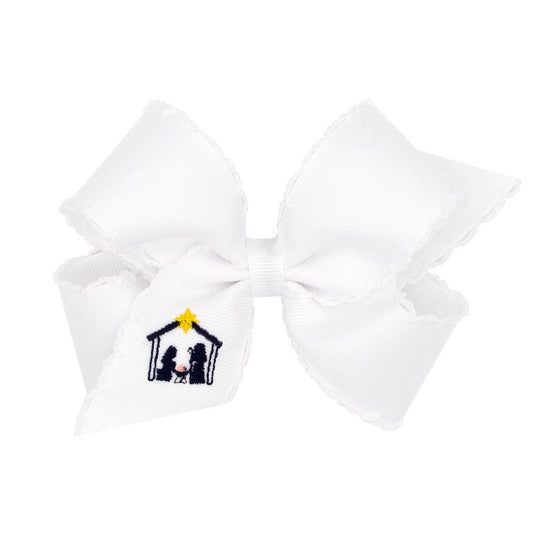 Wee Ones Girls White Moonstitch Hair Bow - Embroidered Nativity - Dark Blue