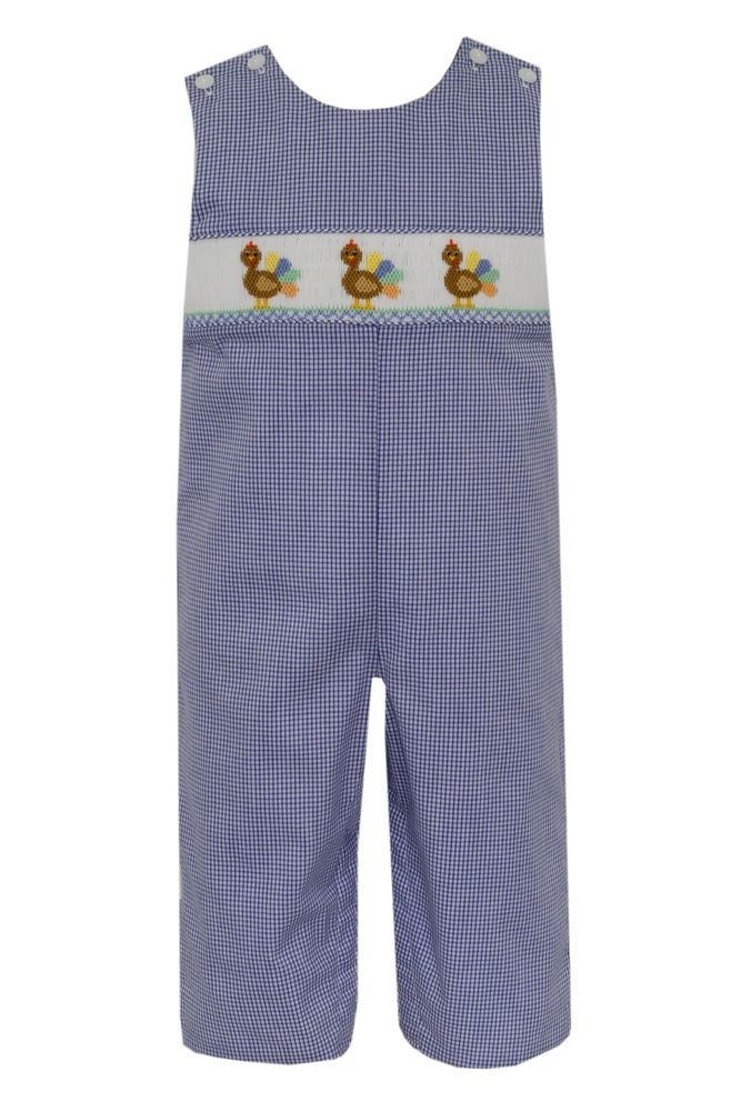 Petit Bebe Boys Navy Blue Check Smocked Thanksgiving Turkeys Longall