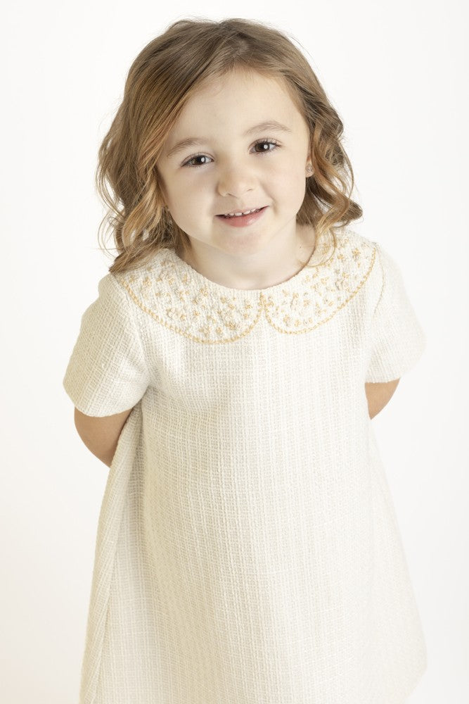 Luli & Me Girls Embroidery Collar Tweed A-Line Dress - Ivory