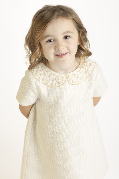 Luli & Me Girls Embroidery Collar Tweed A-Line Dress - Ivory
