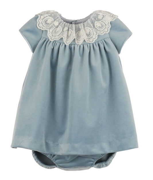Luli & Me Girls Deluxe Velvet Float Dress - Lace Collar - French Blue