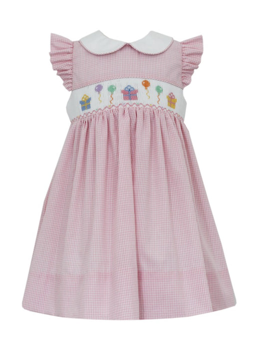 Petit Bebe Baby Girls Pink Gingham Dress with Collar - Smocked Birthday Party