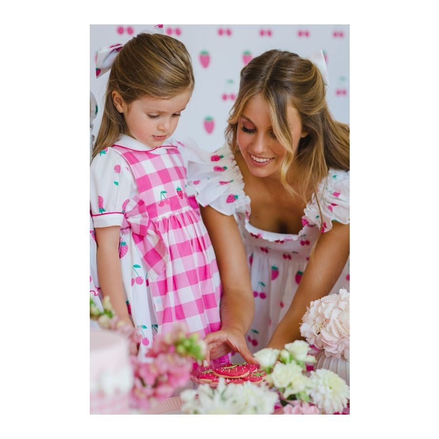 Sal & Pimenta Girls Dress - Strawberry Jam Print - Pink Buffalo Check Pinafore Apron