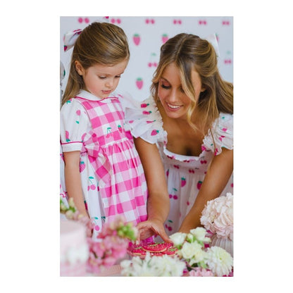 Sal & Pimenta Girls Dress - Strawberry Jam Print - Pink Buffalo Check Pinafore Apron