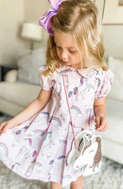 James & Lottie Girls Penny Pleat Dress - Unicorn Print with Collar
