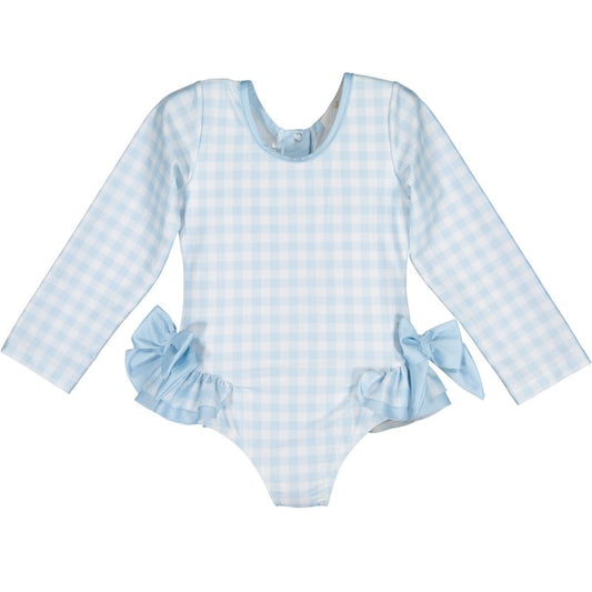 Sal & Pimenta Girls Long Sleeve Rash Guard One Piece Swimsuit with Bows - Blue Gingham