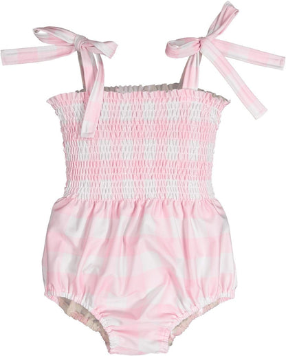 Sal & Pimenta Girls Swimsuit - Buffalo Check - Pink - Smocked with Ties at Shoulders