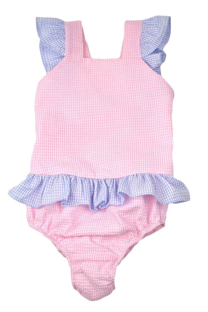 Funtasia Too Girls Pink Gingham Swimsuit - Blue Ruffles