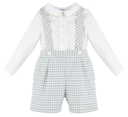 Luli & Me Baby Boys Suspender Shorts Set with Shirt - Mint Green & Grey Check