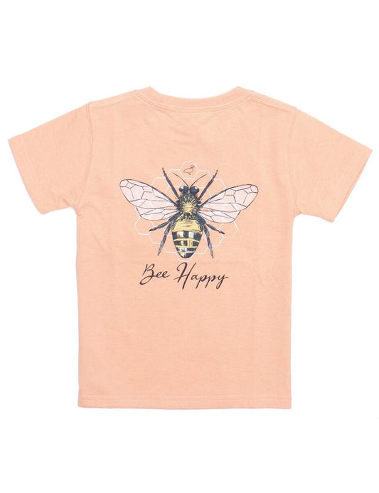 Properly Tied Girls T-Shirt - Logo Pocket - Back Graphic - Bee Happy on Melon - Short Sleeves