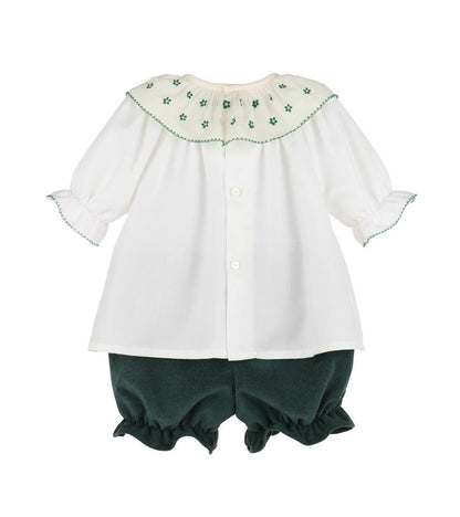 Luli & Me Girls Winterberry Cord Embroidered Bloomers Set - Green