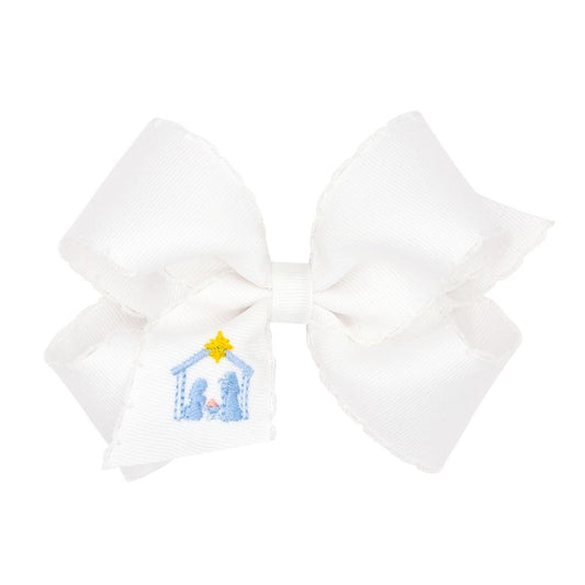 Wee Ones Girls Hair Bow on Clip - White - Nativity Embroidery - Light Blue