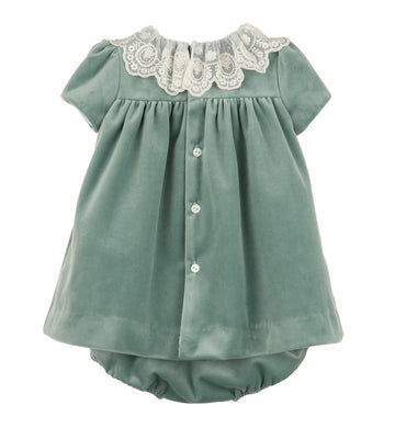 Luli & Me Girls Deluxe Velvet Dress - Lace Collar - Ribbon Sash - Aqua Sage Green