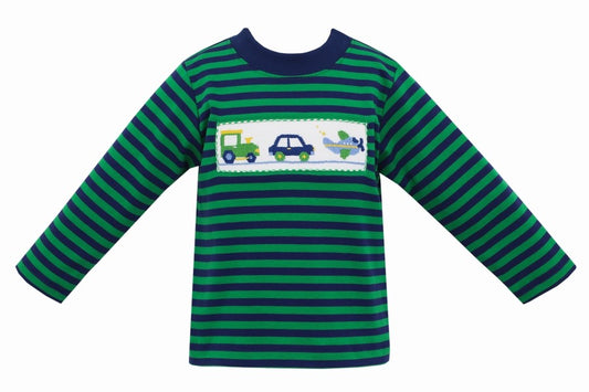 Anavini Boys Long Sleeve Shirt - Green / Blue Stripes - Smocked Transportation