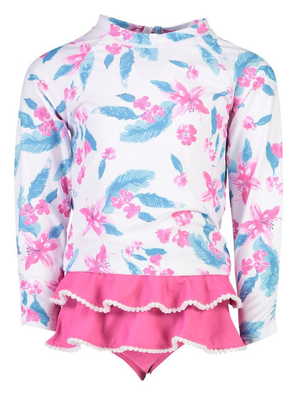 Snapper Rock Girls Fuchsia Pink / Blue Lily Long Sleeve Ruffle Swim Set