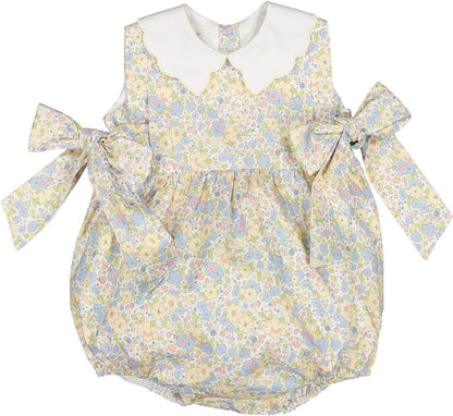 Sal & Pimenta Girls Bubble - Blue & Yellow Cupcakes Floral - Scallop Collar & Side Bows