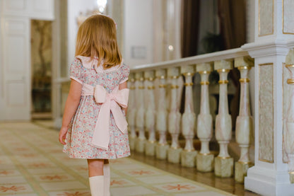 Sal & Pimenta Girls Dress - Pink Bouquet Floral with Sash - Smocked Collar