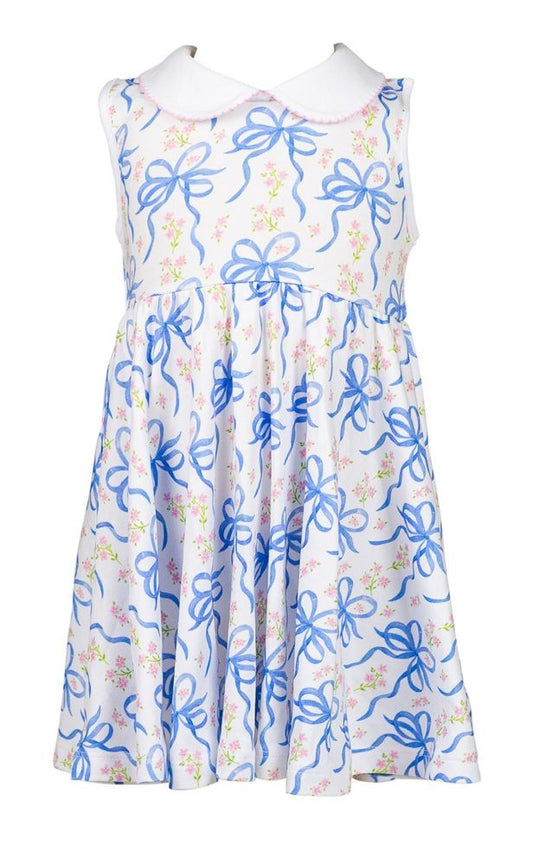 Proper Peony Pima Girls Blue Blossom Bows Twirl Dress