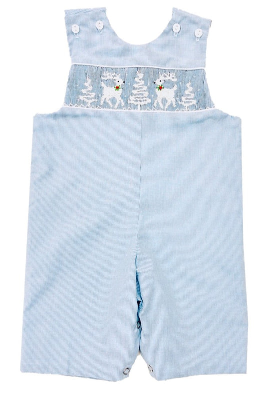 The Best Dressed Child Baby / Toddler Boys Blue Check Smocked White Reindeer & Snowy Trees Longall