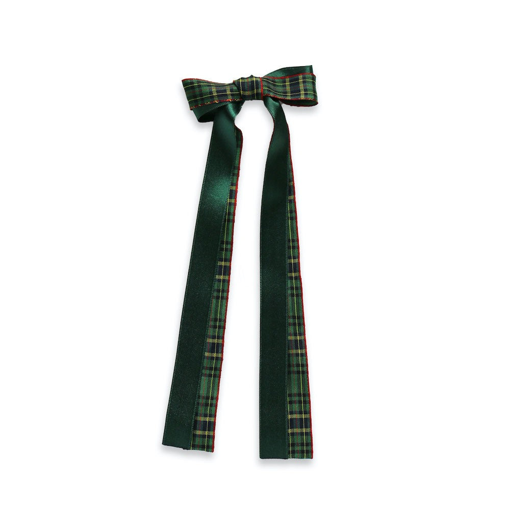 Eva's House Girls Double Bow on Snap Clip - Satin - 9 inch Streamers - Green & Blackwatch Plaid
