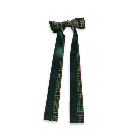 Eva's House Girls Double Bow on Snap Clip - Satin - 9 inch Streamers - Green & Blackwatch Plaid