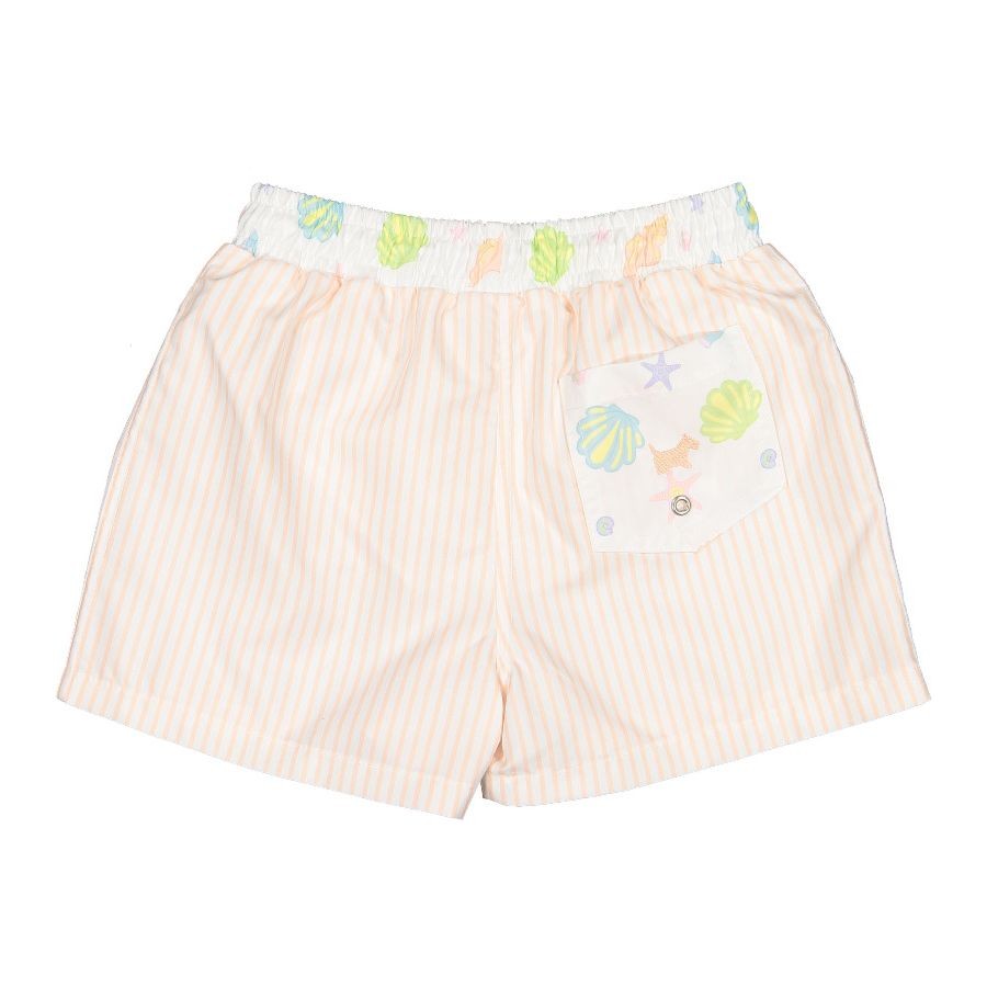 Sal & Pimenta Boys Swim Trunks - Coral Stripes - Seashells Trim