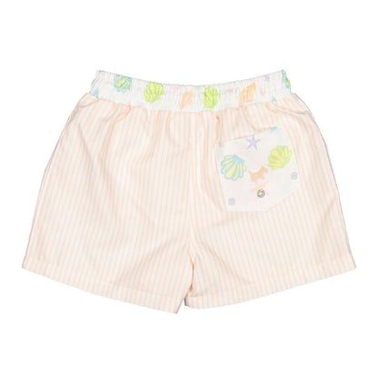Sal & Pimenta Boys Swim Trunks - Coral Stripes - Seashells Trim