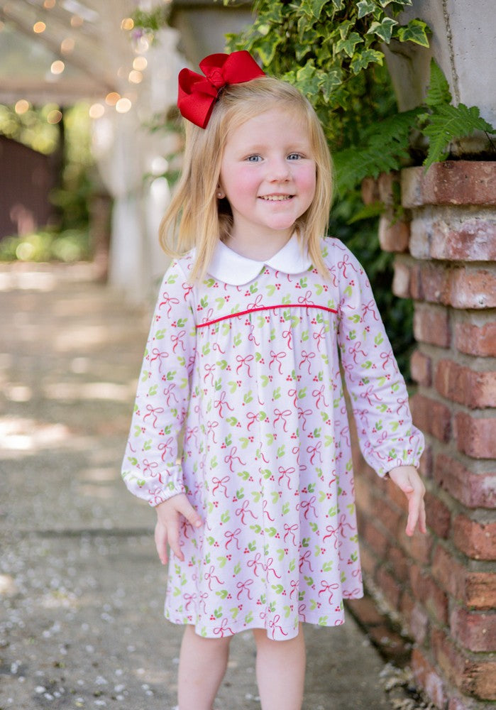 Proper Peony Pima Girls Pink Holly Bows Holiday Dress 2T