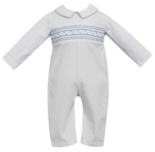 Petit Bebe Baby Boys Winter White Corduroy Romper - Smocked in Blue by Petit Bebe