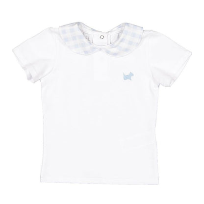 Sal & Pimenta Toddler Boys White Polo Shirt - Blue Gingham Peter Pan Collar