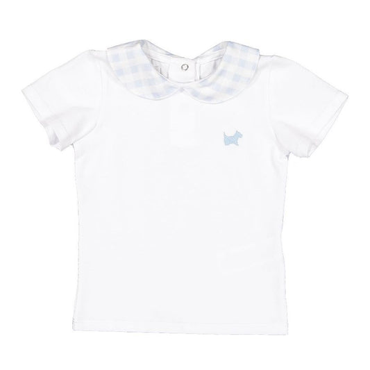 Sal & Pimenta Toddler Boys White Polo Shirt - Blue Gingham Peter Pan Collar