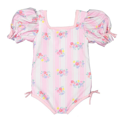 Sal & Pimenta Girls Puff Sleeve Swimsuit - Pink Stripes & Floral Treville