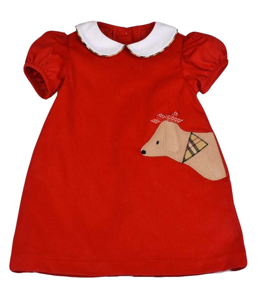 Funtasia Too Girls Red Corduroy Float Dress - Applique Dog