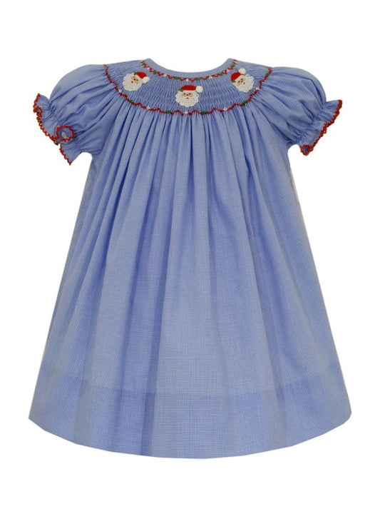 Petit Bebe Girls Blue Check Bishop Dress - Smocked Santa Faces