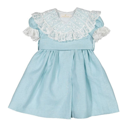 Sal & Pimenta Girls Dress - Turquoise Linen - Crossed Lace Collar